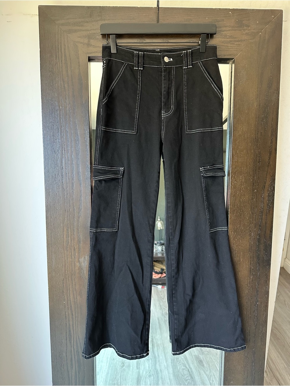 Altar’d State Black Denim Cargo Wide Leg White Stitching Pants
